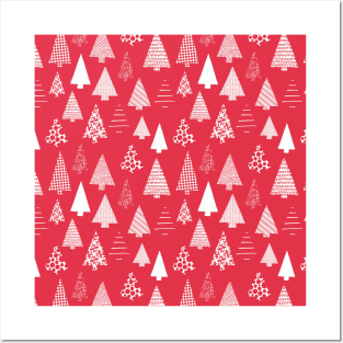 White textured Christmas tree silhouettes on red Posters and Art